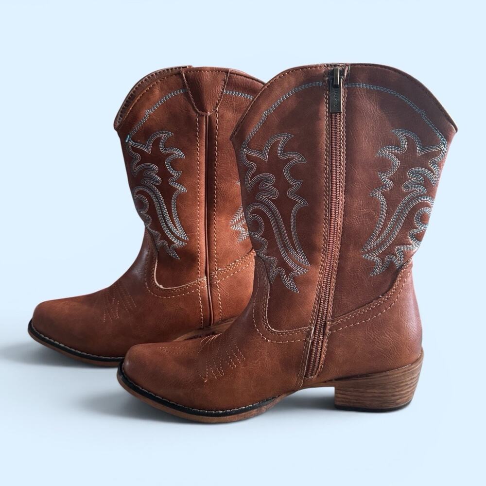 Jeossy Women's Cowboy Mid Calf Boots with Embroidery Brown Color Size 6